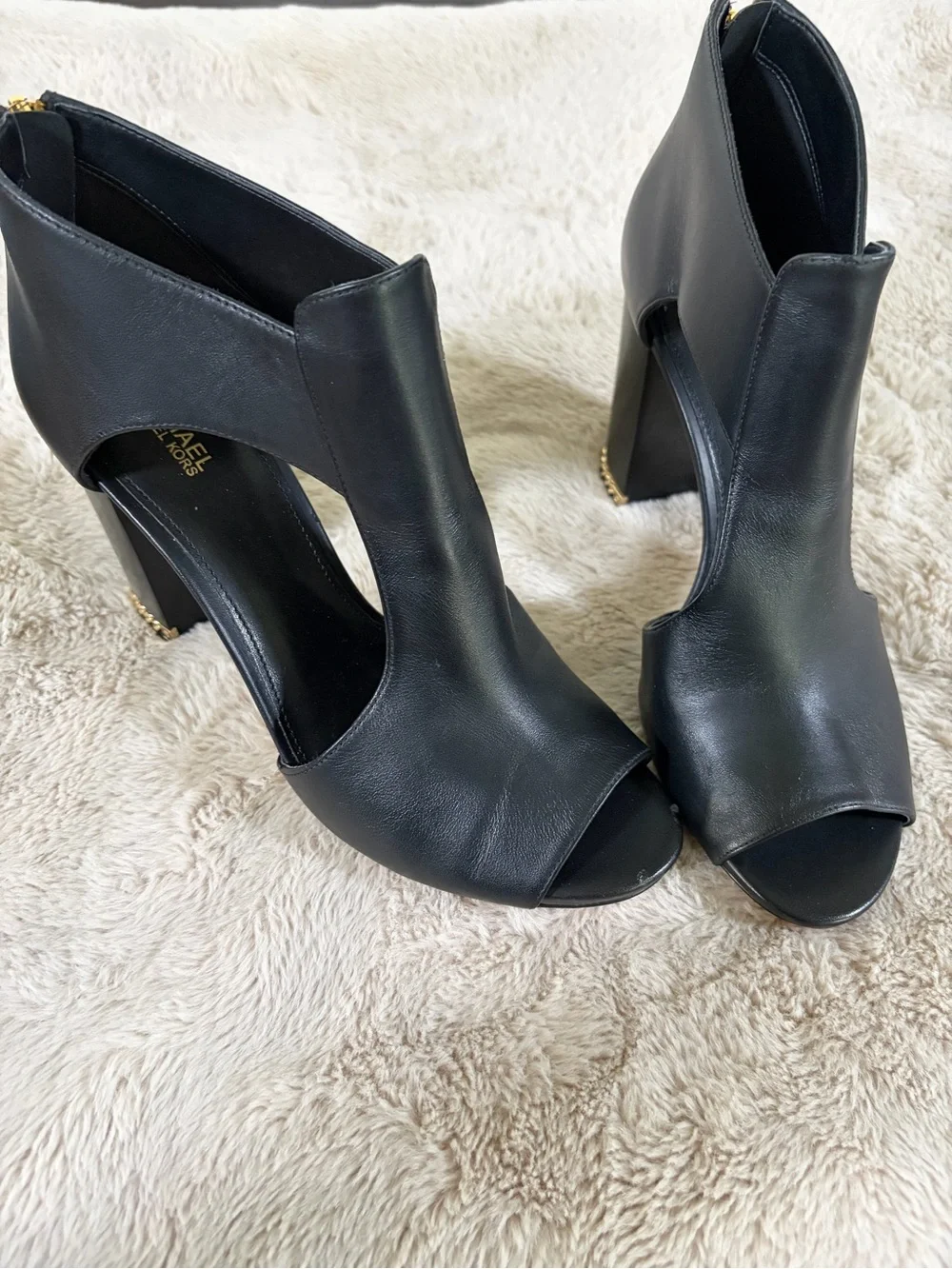 Michael Kors Black Peep-Toe Block Heels with Gold Zip & Chain Trim
